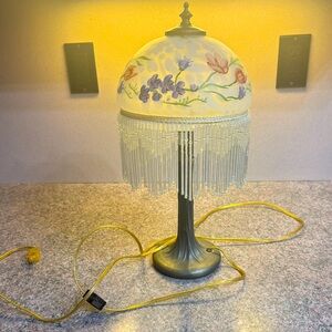 SOLD ON MECARI Large Boudoir Lamp - Floral Motif - Glass Shade and Beaded accent